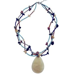 Multi Strand Color Glass Bead Abalone Pendant Necklace Boho